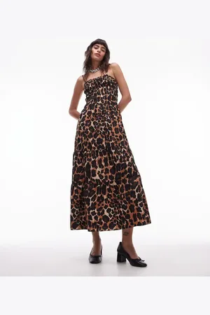 Topshop Shirred midi dress in animal print