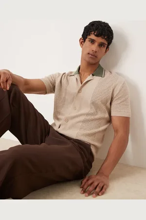 ASOS Relaxed boxy button through knitted polo with contrast collar in beige