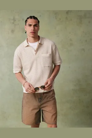 ASOS Relaxed boxy polo in white and brown textured stripe