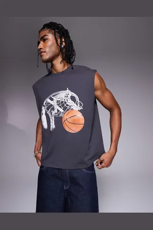 ASOS Boxy oversized vest with front and back sports graphics in charcoal