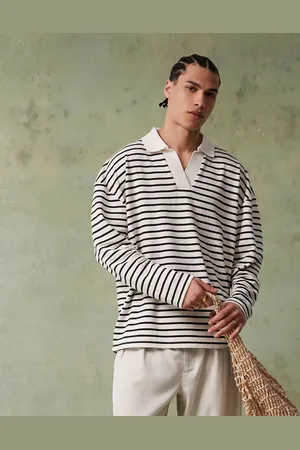 ASOS Oversized dropped shoulder polo in black and white textured stripe