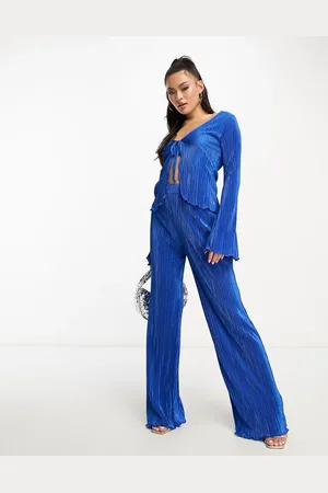 Missyempire Plisse wide leg trouser co-ord in blue
