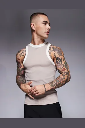 ASOS Muscle fit boxy racer vest in stone