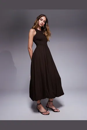 River Island Puffball linen midi dress in dark