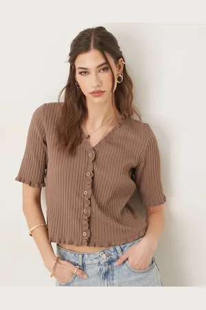 ASOS Knitted cardigan with ruffled edge in mocha