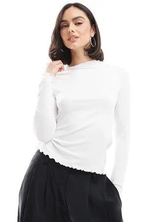 Pieces® Ribbed long sleeve top with lettuce edge detail in