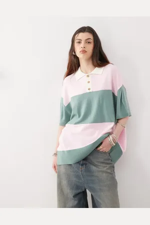 COLLUSION Knitted stripe rugby polo in and green