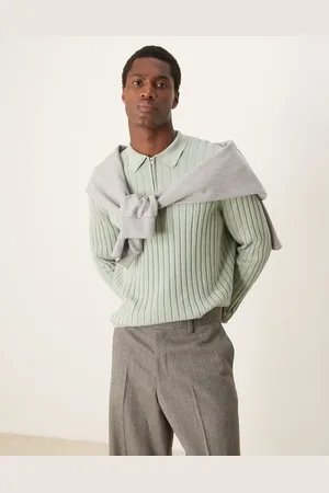 ASOS Essential knitted rib quarter zip polo jumper in light