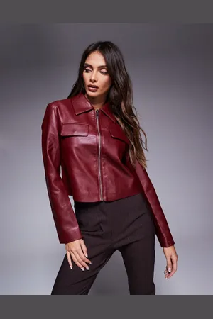 River Island PU cropped bomber jacket in burgundy