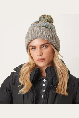 Free People Pom-pom fairisle knitted beanie hat in grey and