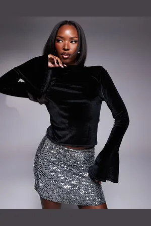 ASOS Velvet high neck long sleeve flared cuff top in