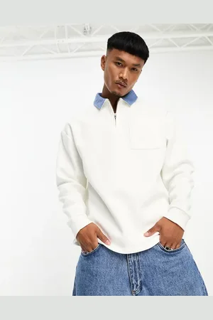 ASOS Polo sweatshirt with zip and denim collar in off