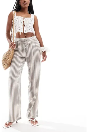 Pieces® High waist wide leg trouser in moonrock and white stripe
