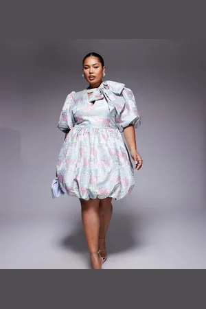 ASOS Curve jacquard puff sleeve mini dress with bow in patch work print