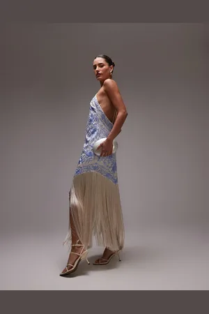 MANGO Embroidered satin scarf dress with fringe hem in