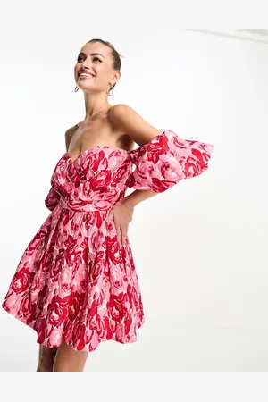 Forever Unique Jacquard puff sleeve mini dress in and red