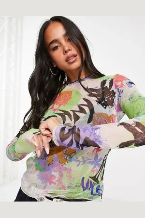 Weekday Blur mesh long sleeve top in monster print