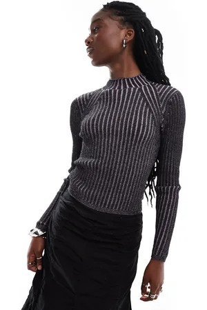 Monki Long sleeve knitted two tone top in black and pink