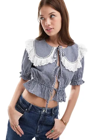 Miss Selfridge Collared tie front blouse in mono gingham