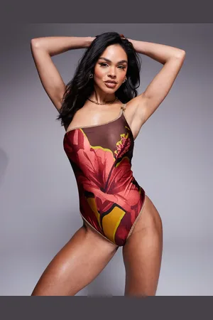 River Island One shoulder flower swimsuit in