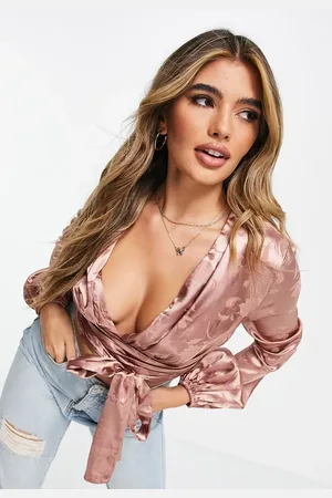 Koco & K Plunge front volume sleeve tie front crop top in tan floral