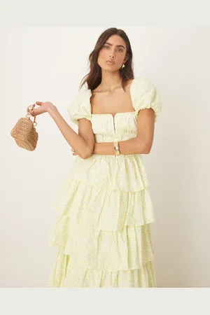 Amy Jane London Rosalie corset tiered maxi dress in lemon ditsy