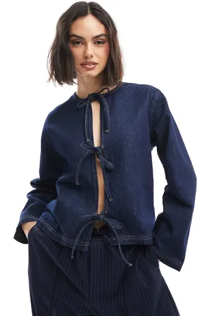 ASOS Denim long sleeve tie front top with contrast stitching in indigo