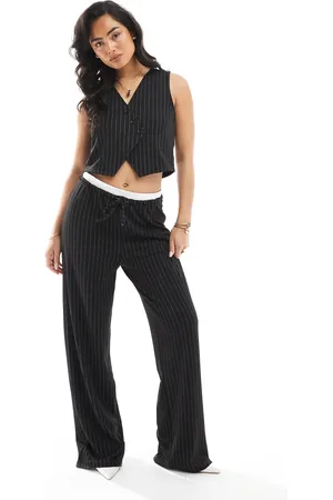 Pieces® Tailored double waistband detail wide leg trouser co-ord in pinstripe