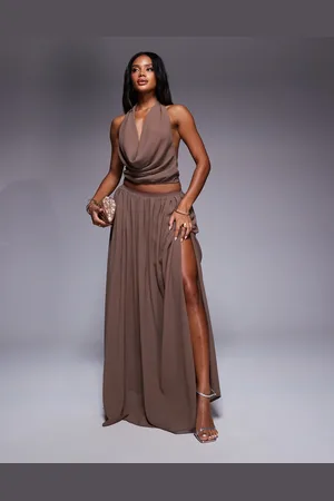 Aria Cove Chiffon tie waist flowy side split maxi skirt co-ord in