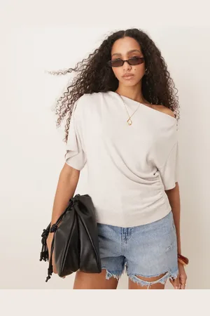 ASOS Textured knit corset waist detail tee in stone