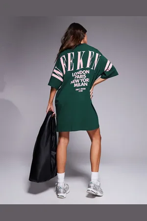 ASOS Weekend Collective oversized t-shirt dress in green with stacked back logo in pink