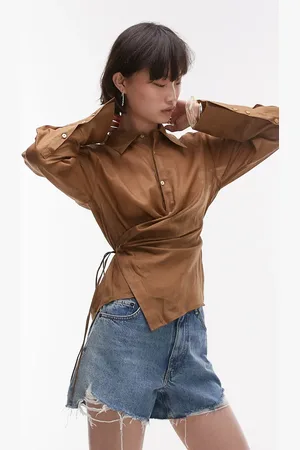 MANGO Ramie wrap front lightweight shirt in