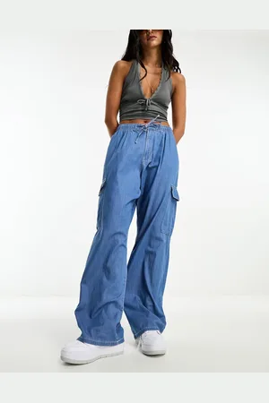 Bershka Tie waist cargo wide leg jeans in mid blue