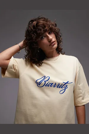 Topshop Jersey Biarritz graphic oversized t shirt in buttermilk