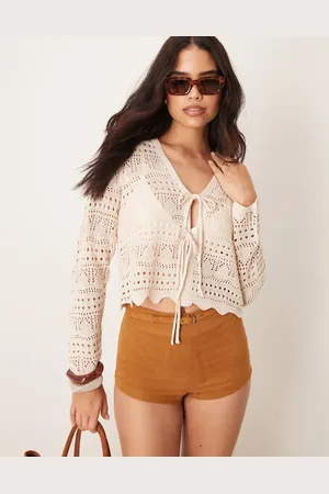 JDY Tie front crochet cardigan in beige