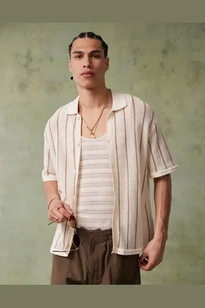 Bershka Knitted button through stripe shirt in ecru