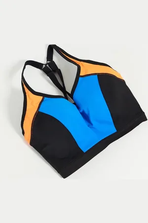 Pour Moi Fuller Bust Energy lightly padded colour block underwire sports bra in blue/orange