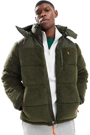 Ralph Lauren Icon logo detatchable hood sherpa borg puffer jacket in olive