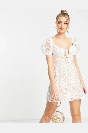 Love Triangle Puff sleeve skater dress in leaf lace