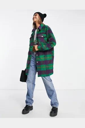 Pieces® Longline brushed heavy weight shacket in purple & green check