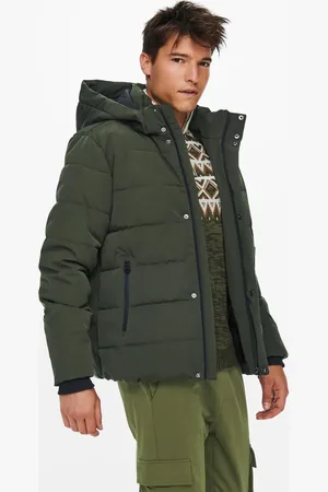 Only & Sons Waterproof puffer jacket with hood in khaki