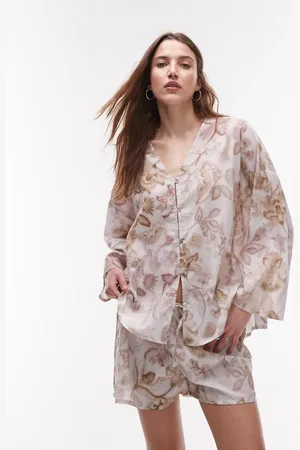 MANGO Cotton pyjama shirt co-ord in botanical print