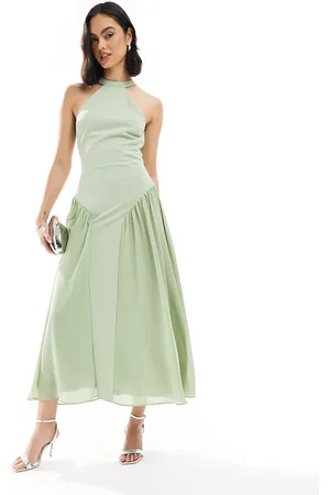 TFNC Bridesmaid high neck maxi dress with full skirt in sage