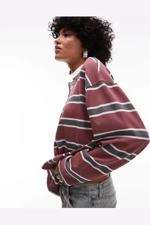Topshop Jersey stripe rugby long sleeve polo in burgundy