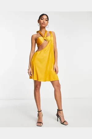 EI8TH HOUR Cut out draped satin mini dress in chartreuse mustard