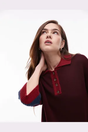 Topshop Button up knitted polo top in burgundy