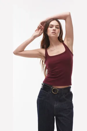 Topshop Skinny strap scoop rib vest in burgundy