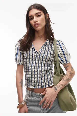 Topshop V neck puff sleeve shirred top in ivory and blue stripe