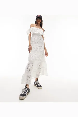 Topshop Strappy broderie maxi dress with frill neck in ivory