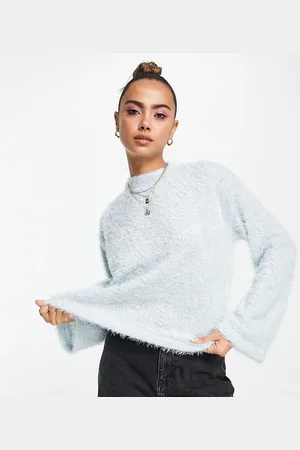 Pieces® Exclusive fluffy high neck flared sleeve jumper in